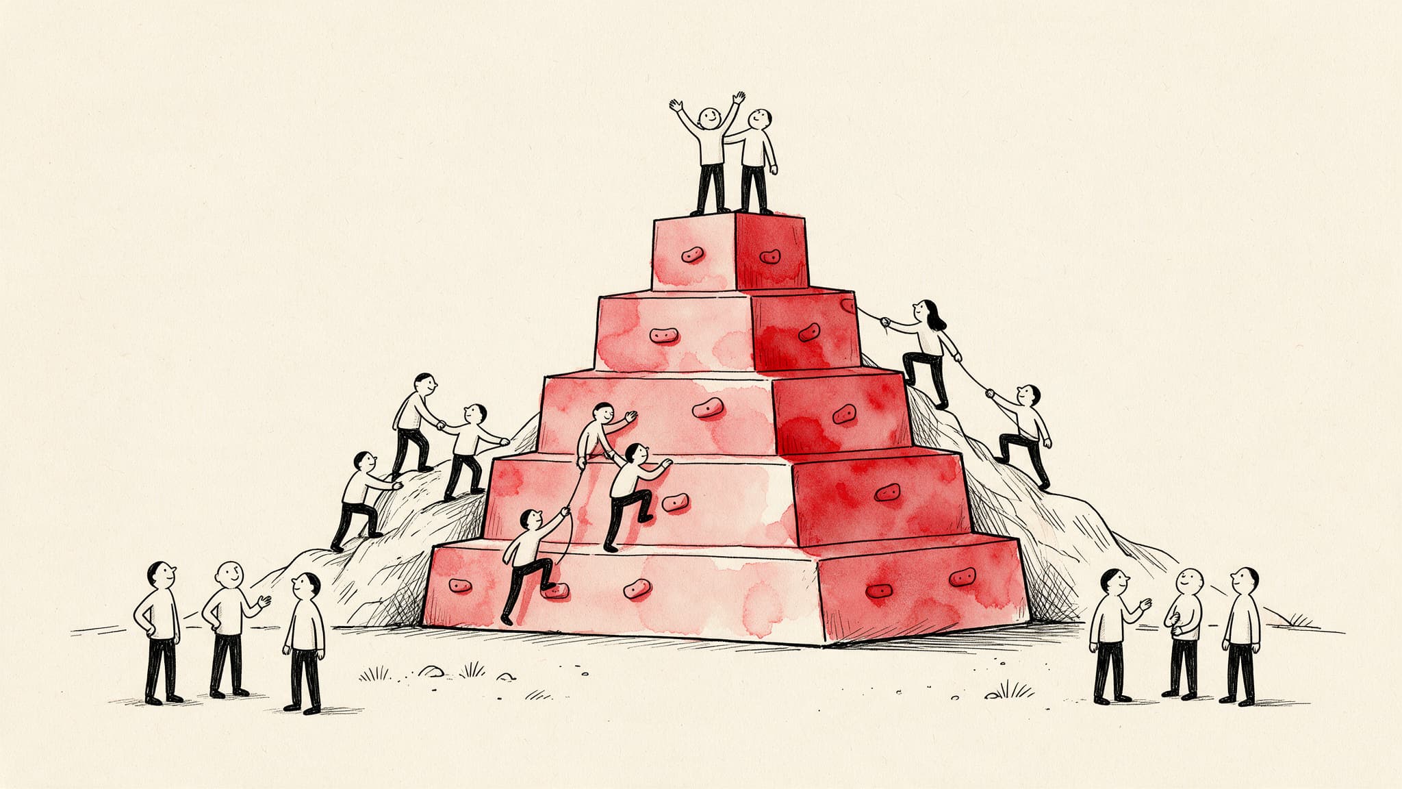 Illustration en visual thinking au feutre noir et aquarelle rouge carmin montrant une équipe de collaborateurs s'entraidant pour gravir les cinq paliers de la pyramide The Five Behaviors jusqu'au sommet, incarnant la solidarité et la réussite collective partagée.