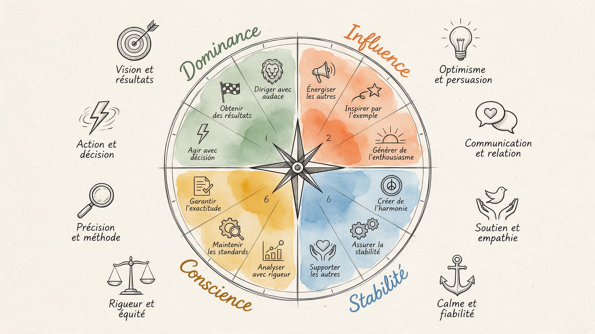 Boussole en visual thinking illustrant les 12 styles comportementaux Everything DiSC répartis dans les quatre quadrants officiels Wiley : Dominance en vert, Influence en corail, Stabilité en bleu et Conscience en jaune ambré, avec icônes illustrées au feutre noir sur papier crème texturé.