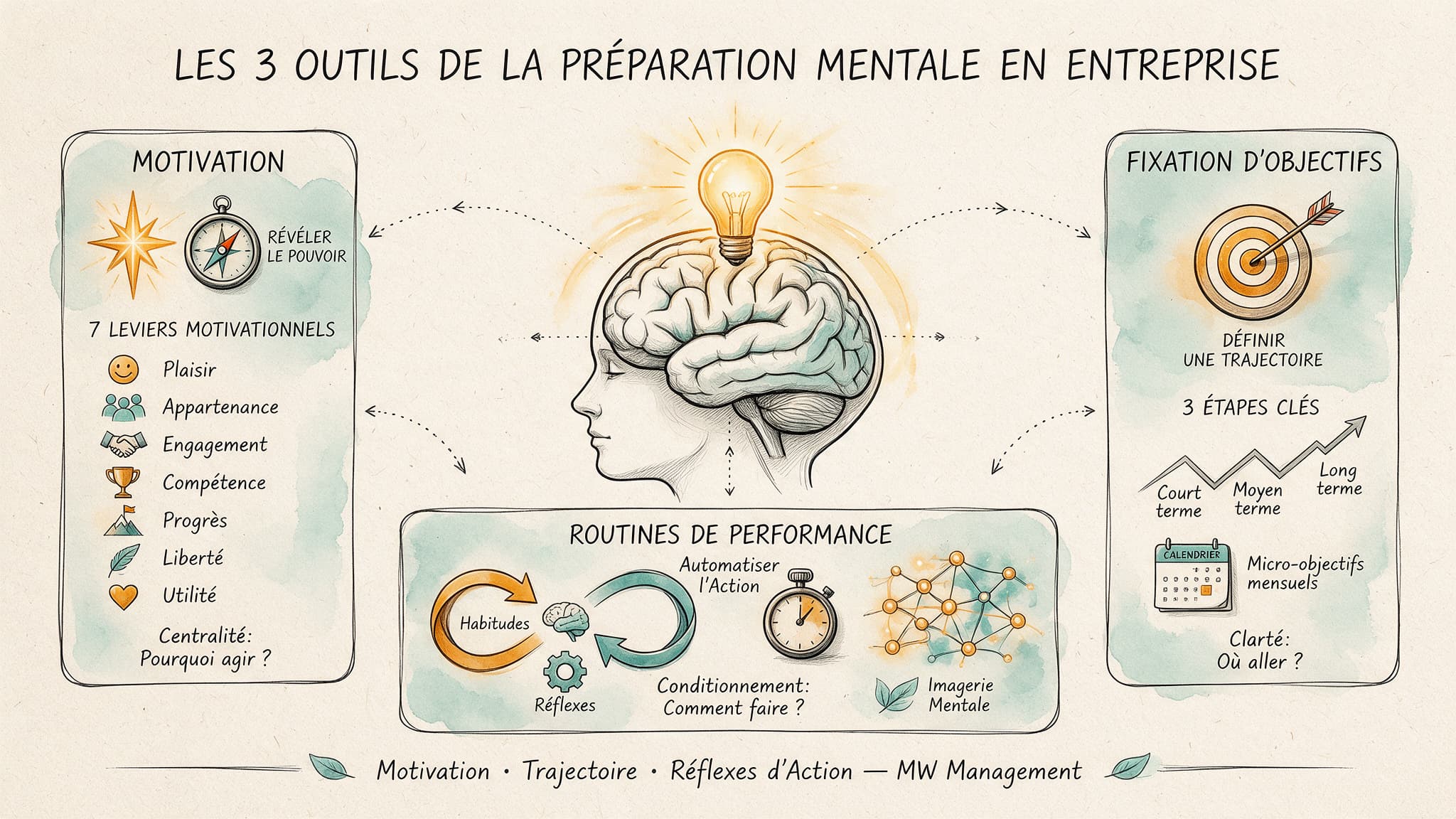 Infographie panoramique en visual thinking au trait noir et aquarelle jaune ambrée illustrant les 3 outils de la préparation mentale en entreprise par Benjamin AZIKA-EROS.