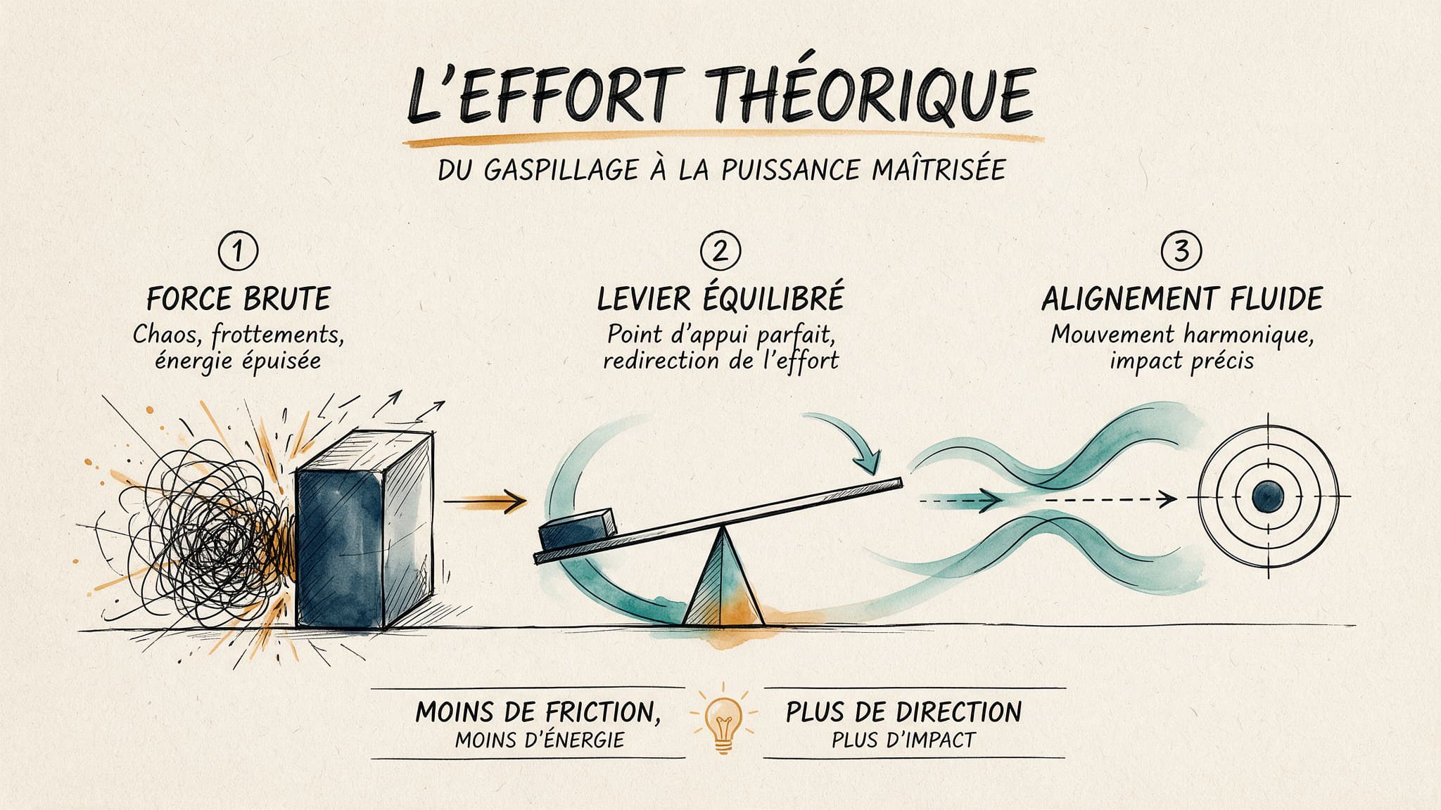 Illustration en visual thinking au trait noir et rehauts d'aquarelle opposant la force brute stérile à gauche et le levier de l'effort juste au centre, permettant un alignement fluide de l'énergie collective vers la cible.