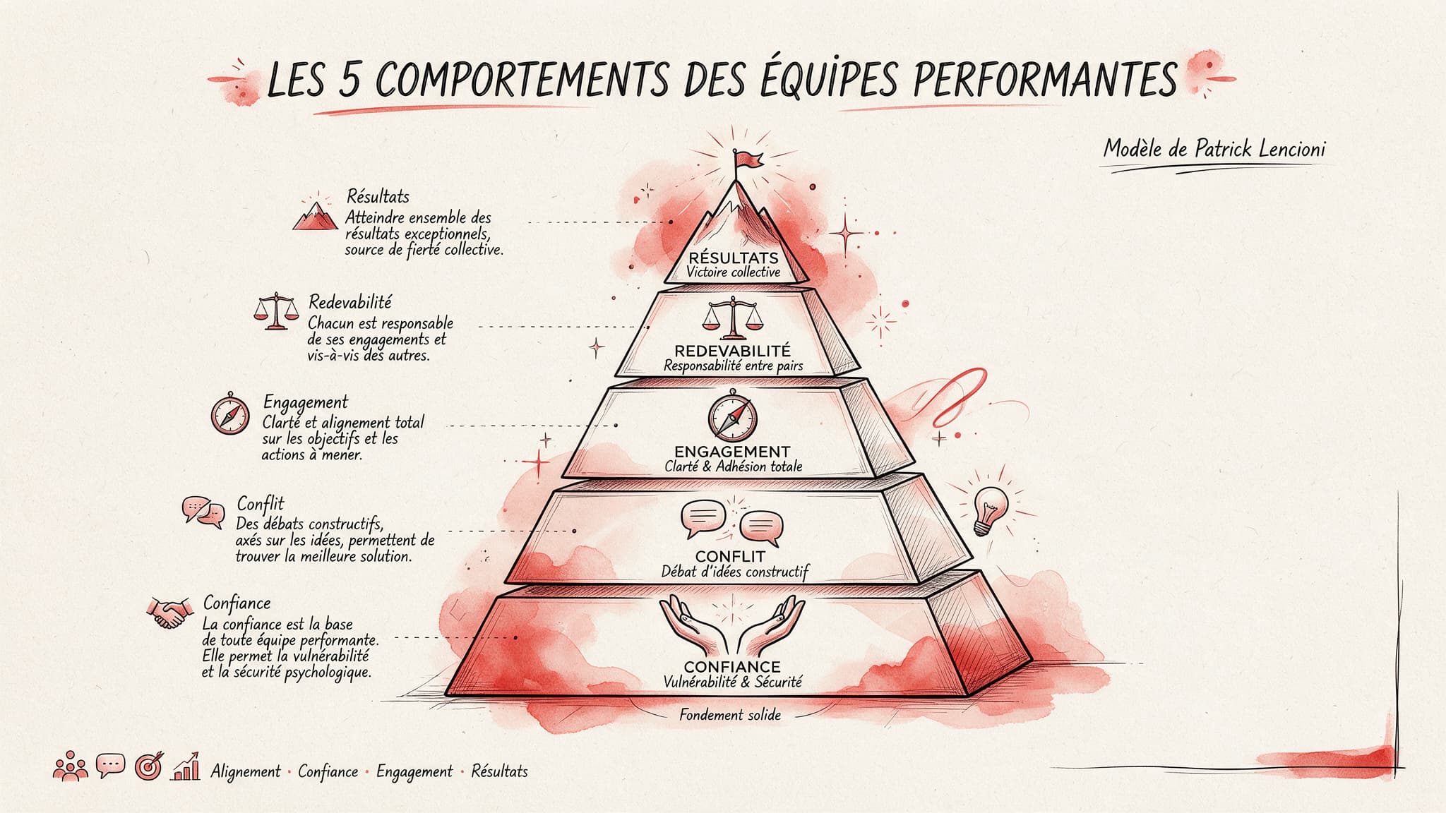 Infographie panoramique en visual thinking au feutre noir et aquarelle rouge carmin illustrant les cinq étages de la pyramide The Five Behaviors de Patrick Lencioni sur papier crème texturé : la Confiance à la base, le Conflit constructif d'idées, l'Engagement sans consensus mou, la Redevabilité entre pairs, et l'Attention aux résultats collectifs au sommet.