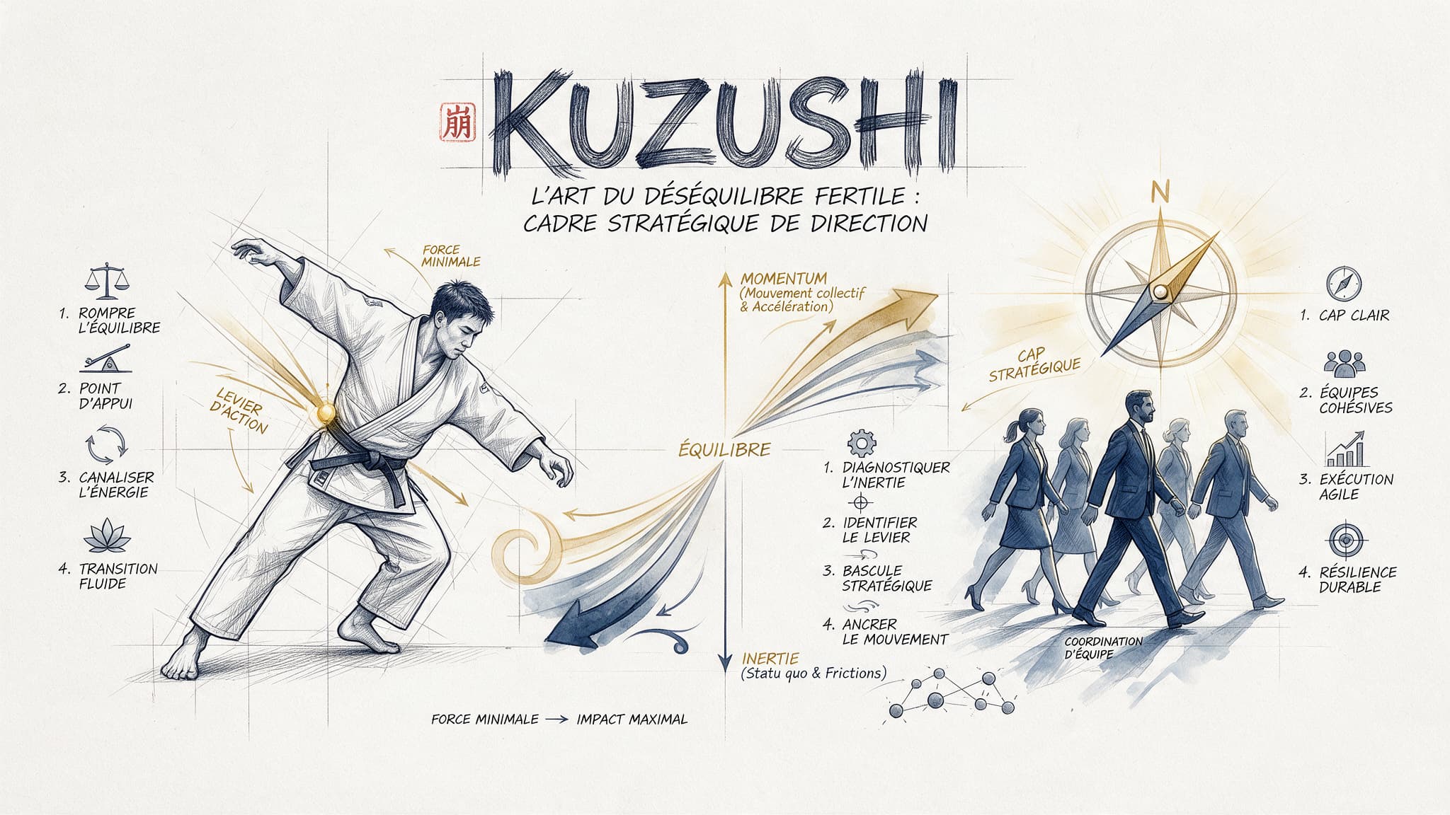Schéma en visual thinking illustrant le principe martial du Kuzushi appliqué au management : créer un déséquilibre fertile pour transformer l'inertie en mouvement collectif sans forcer à l'usure.