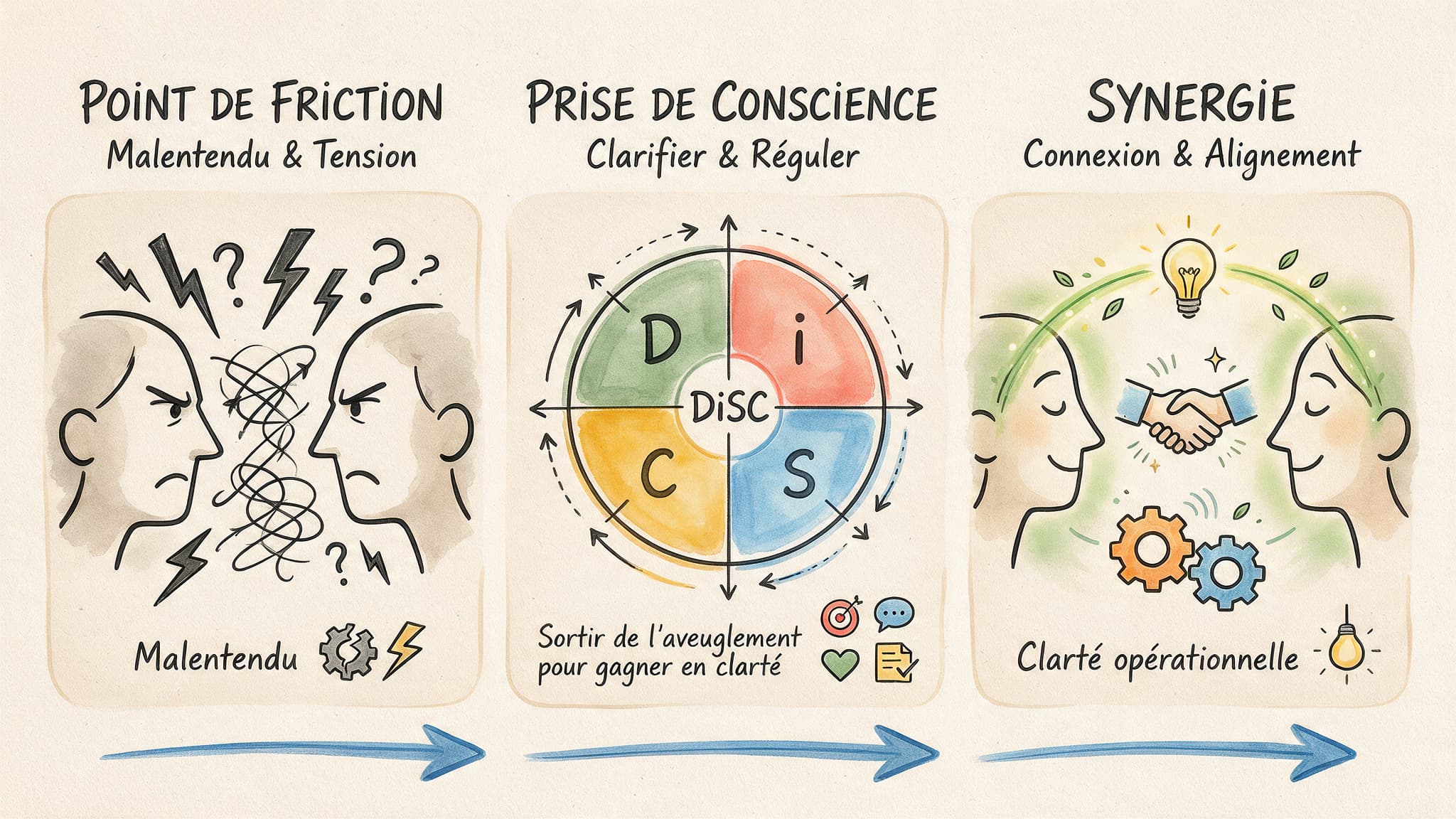 Schéma en visual thinking en triptyque illustrant la résolution des frictions d'équipe grâce au modèle Everything DiSC : du point de friction relationnel à gauche, vers la prise de conscience au centre avec la boussole DiSC officielle (D vert, i corail, C jaune et S bleu), jusqu'à la synergie opérationnelle et l'alignement d'action à droite.