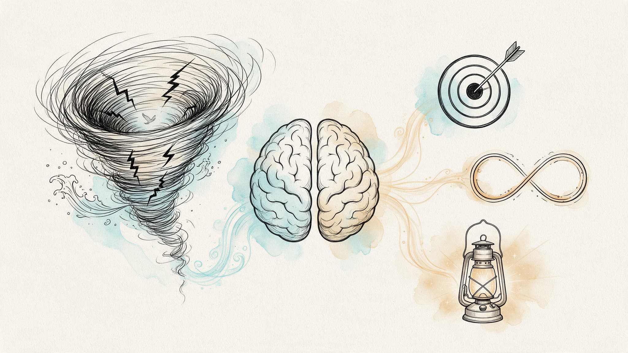 Illustration en visual thinking au trait noir et touches d'aquarelle ambre et bleue montrant à gauche la tornade de stress, au centre le cerveau qui filtre et régule, et à droite les trois outils concrets de la préparation mentale.