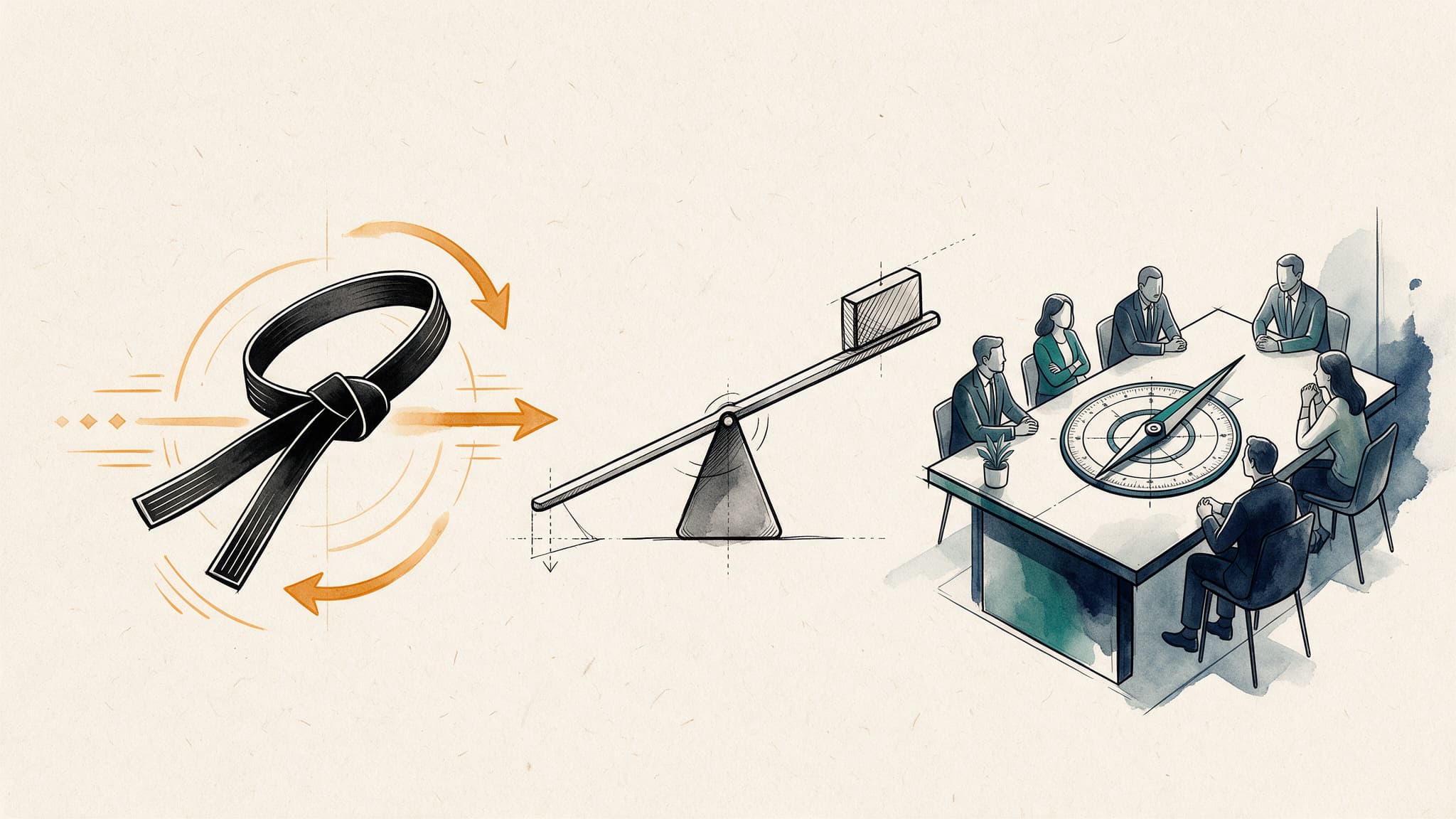 Illustration en visual thinking schématisant la passerelle entre l'exigence martiale du judo à gauche et la lucidité décisionnelle en comité de direction à droite, reliées par le levier de l'effort juste.